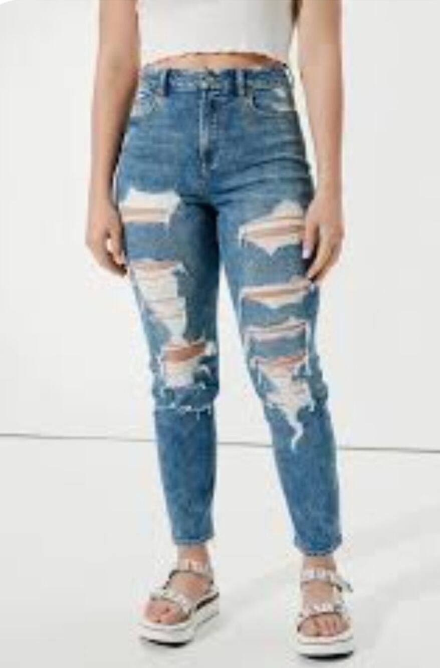 American Eagle Curvy Mom Jeans Distressed Wide Rip 16S Y2K Streetwear Baggy Chic